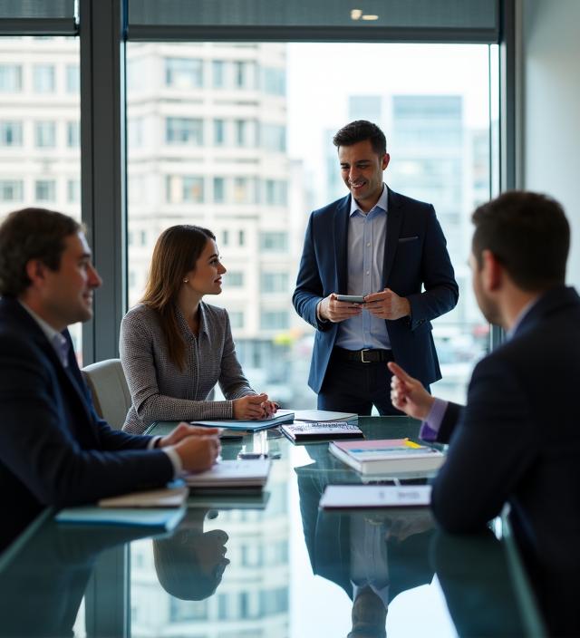 Professional HR consultants collaborating in a sleek modern office environment